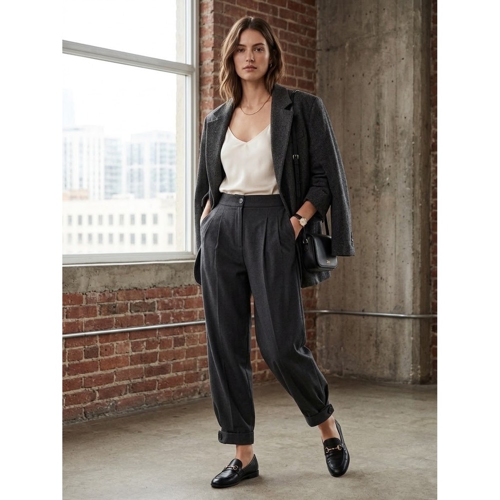Zara Dark Grey Pleated Tapered Trousers High Rise Button Cuff Pants Small